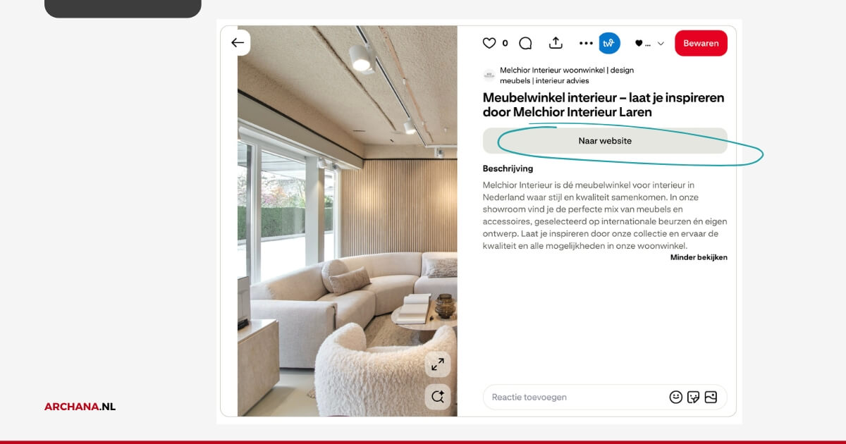 Naar website knop op Pinterest naast de Pin